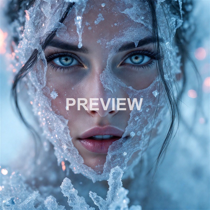A close-up of a woman's face with striking blue eyes, partially covered by icy, frost-covered skin, giving an impression of coldness and winter.